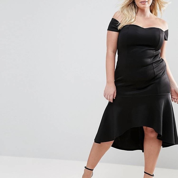 Club L Plus Bardot Off Shoulder Peplum Hem Dress, black, size 22 UK and 18 US - Picture 4 of 5